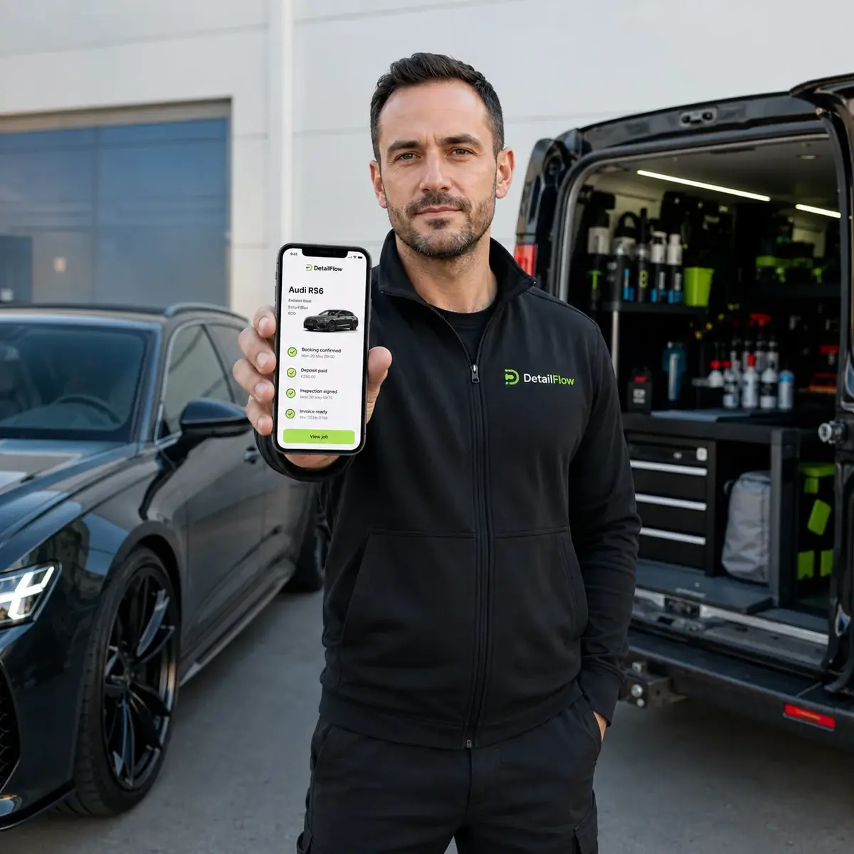 Professional detailer holding a smartphone with the DetailFlow app at a mobile detailing van