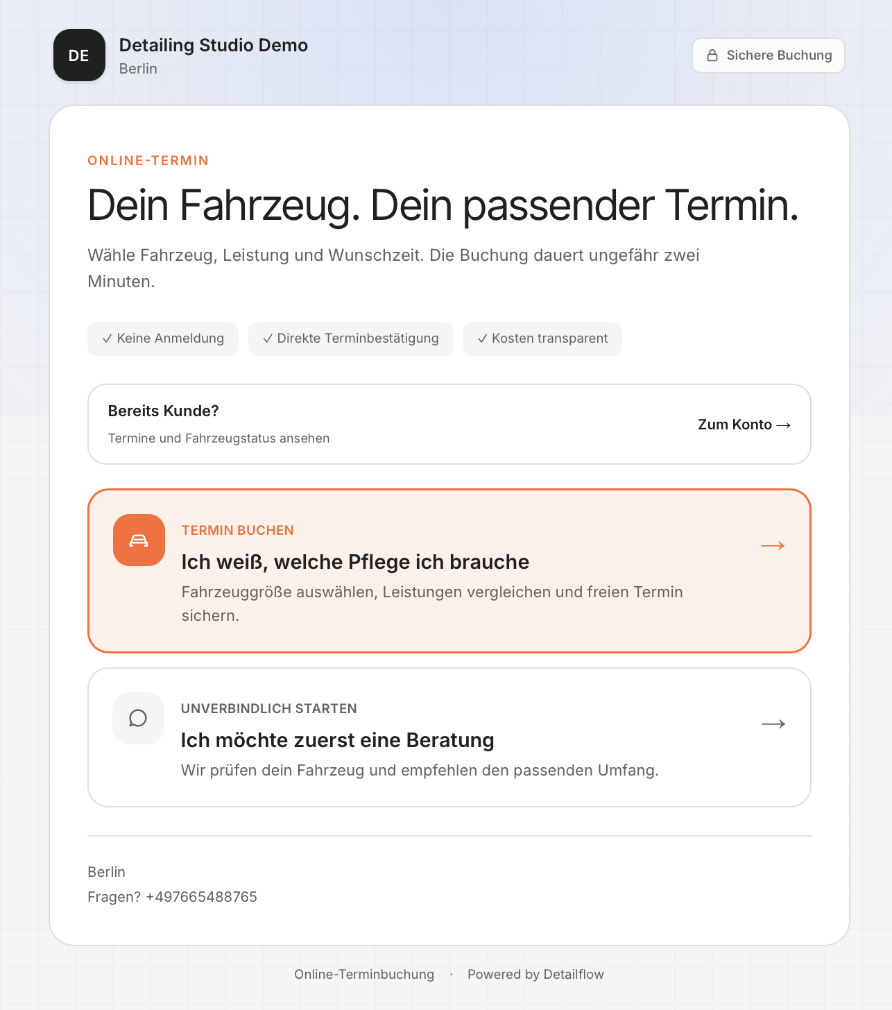 Detailflow Buchungsseite mit Auswahl zwischen direkter Servicebuchung und 15-minütigem Fahrzeugcheck