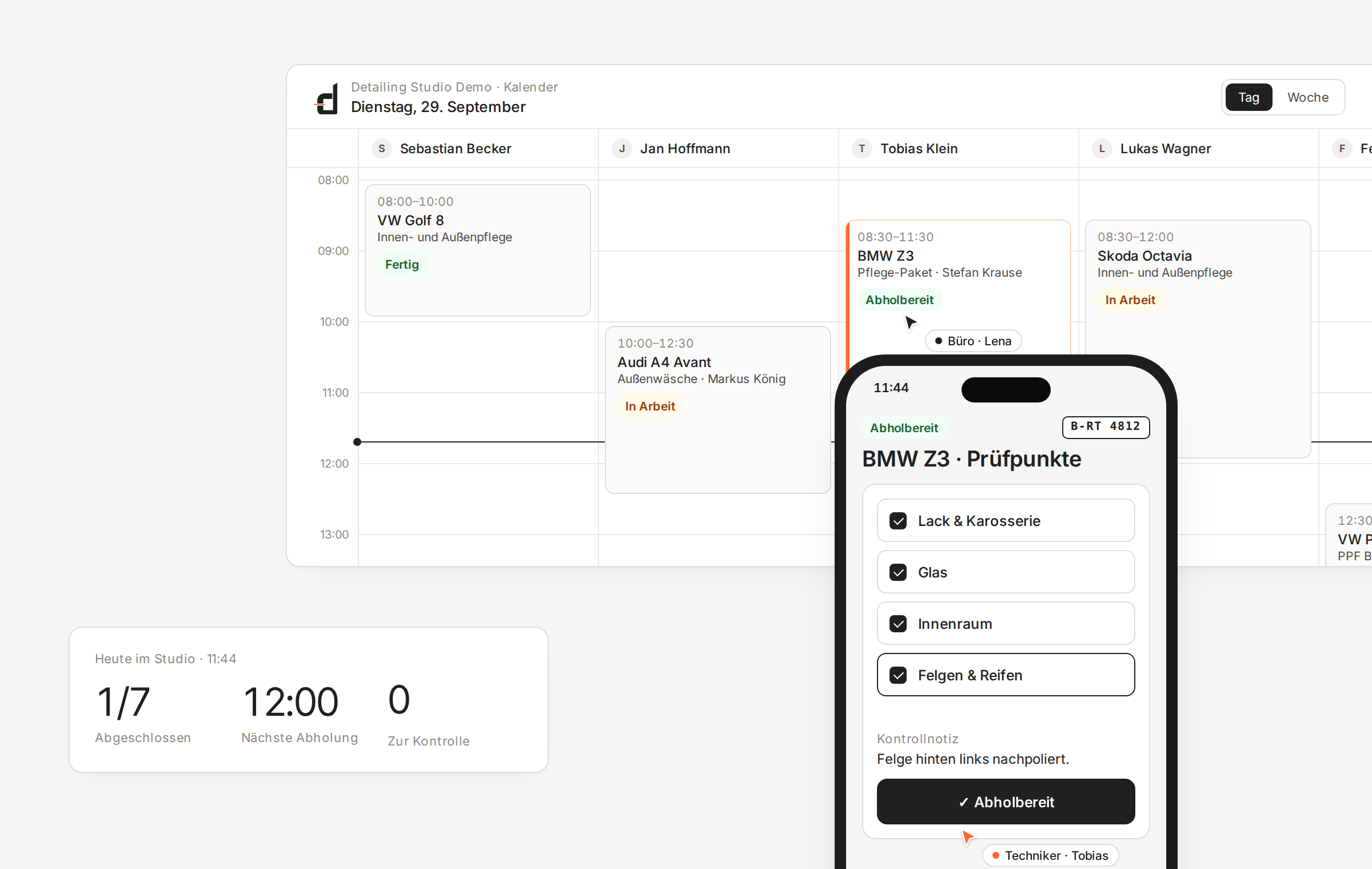 Detailflow: Kalender am Computer · Arbeitsablauf am Smartphone